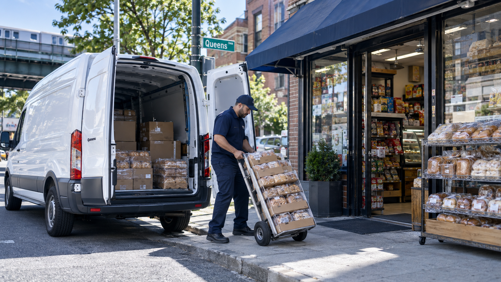 Bakery and packaged goods route delivery to a Queens neighborhood store